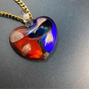Art Glass Heart Pendant On Long Goldtone Chain Stunning Necklace